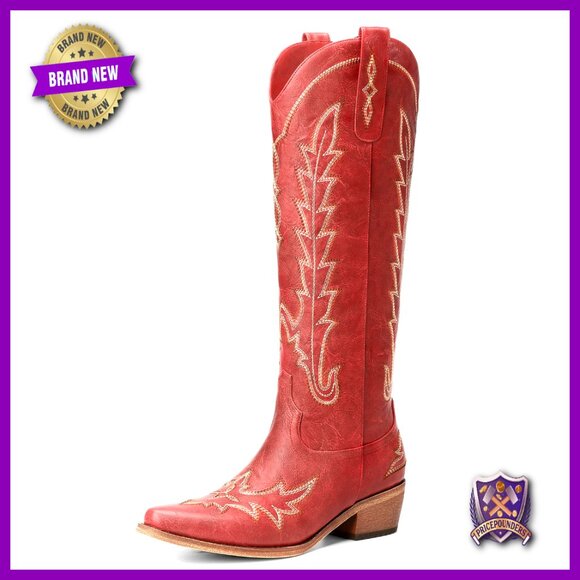 Knee High Cowboy Boots Pointed Toe Chunky Heel Pull On Zipper Western Retro